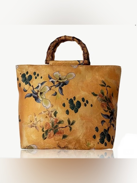Handbags - Yellow and Gold Floral Tote Bag with Bamboo Handle